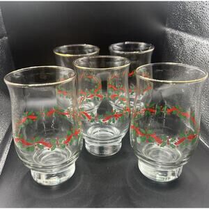 LOT OF 5 Vintage LIBBEY ARBY'S HOLLY RIBBONS GOLD‎ RIMMED GLASS TUMBLERS 5 1/4"